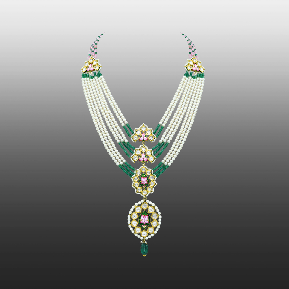 Pearl Necklace with Emerald, Tourmaline, and Polki Pendant